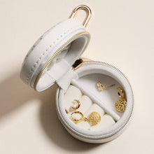 Load image into Gallery viewer, Mini Round Jewelry Travel Case with Keychain – White & Blue Floral Print