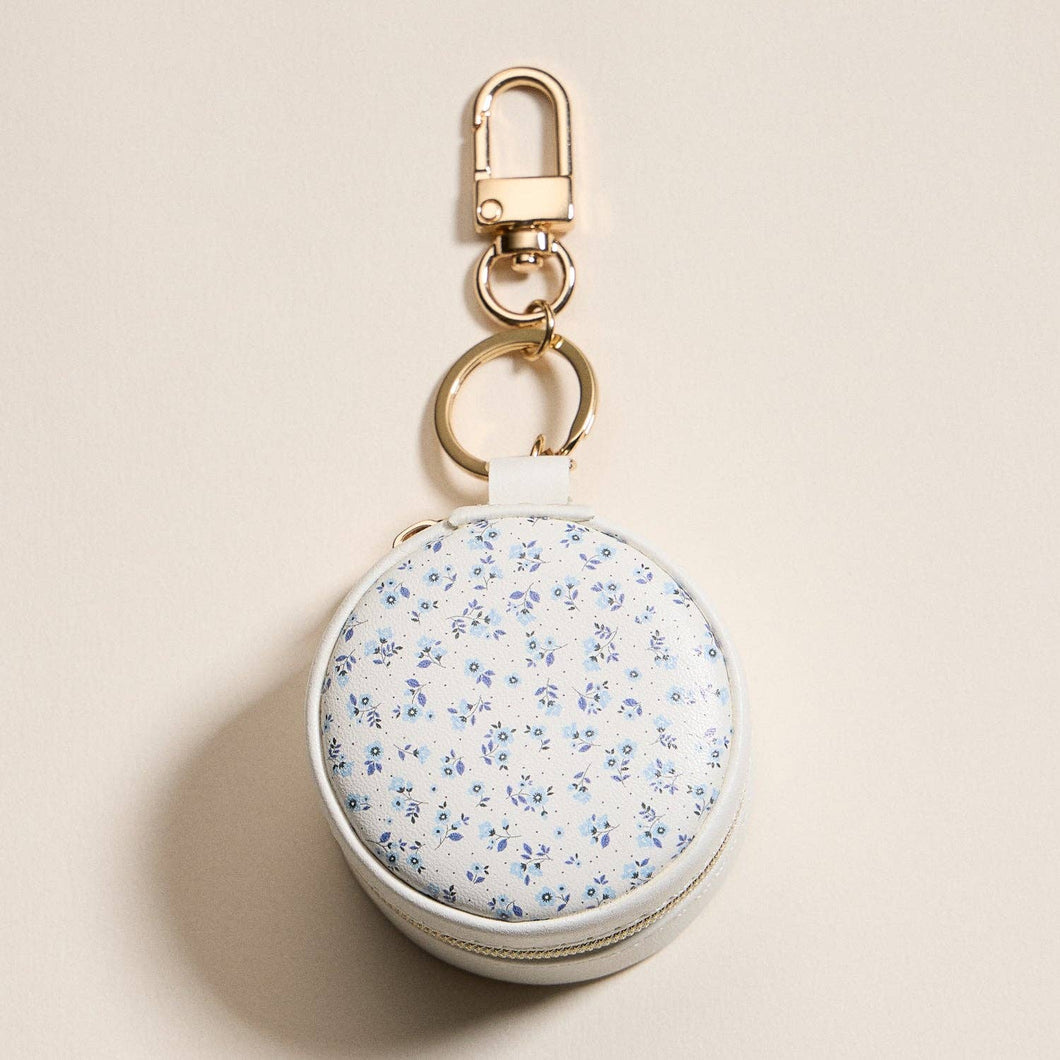 Mini Round Jewelry Travel Case with Keychain – White & Blue Floral Print